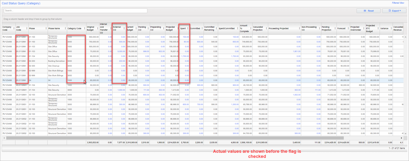 Example of the Cost Status Query (Category) screen in CMiC Field before the 'Exclude Costs' checkboxes are checked