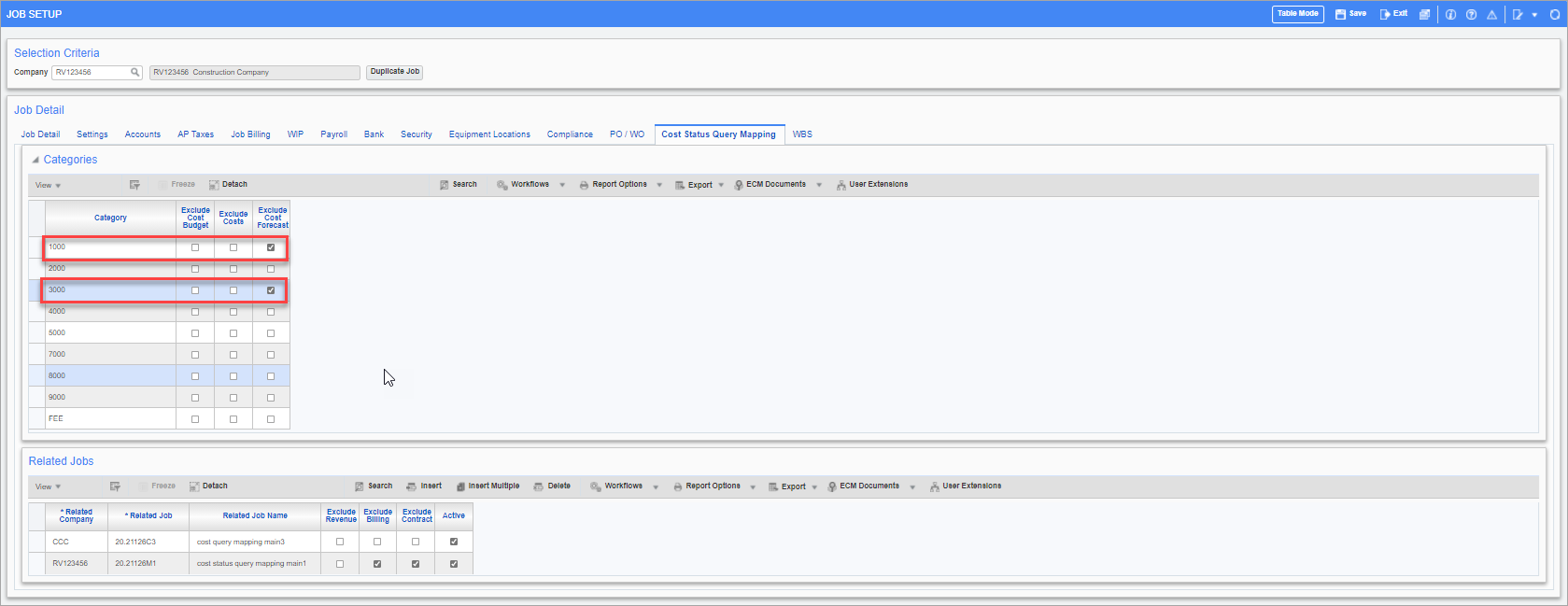 Example of the 'Exclude Cost Forecast' checkbox checked for two categories on the parent job 1000,3000