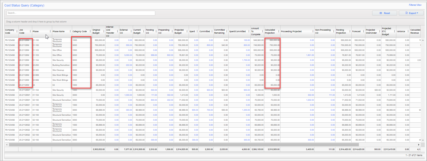 Example of the Cost Status Query (Category) screen in CMiC Field before the 'Exclude Cost Forecast' checkboxes are checked