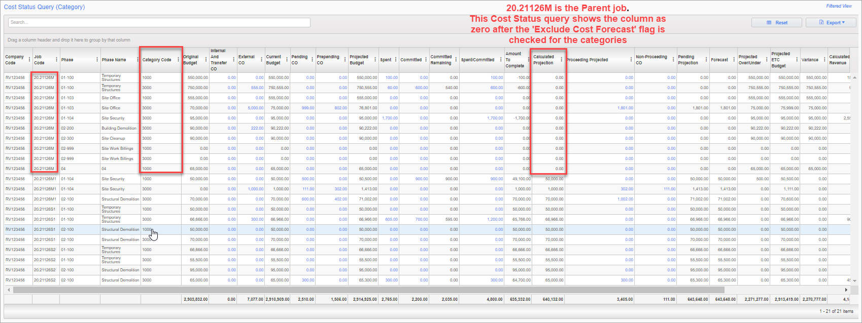 Example of the Cost Status Query (Category) screen after the Exclude Cost Forecast checkboxes are checked