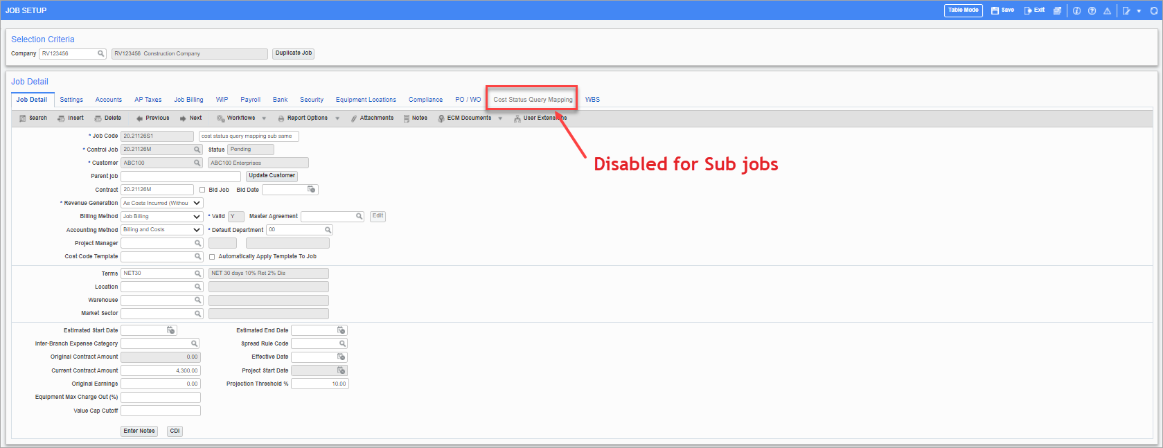 Sample of the Cost Status Query Mapping tab disabled for subjobs