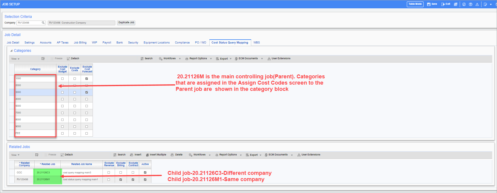 Example of main controlling jobs from the same/different company  linked as child jobs to the parent job