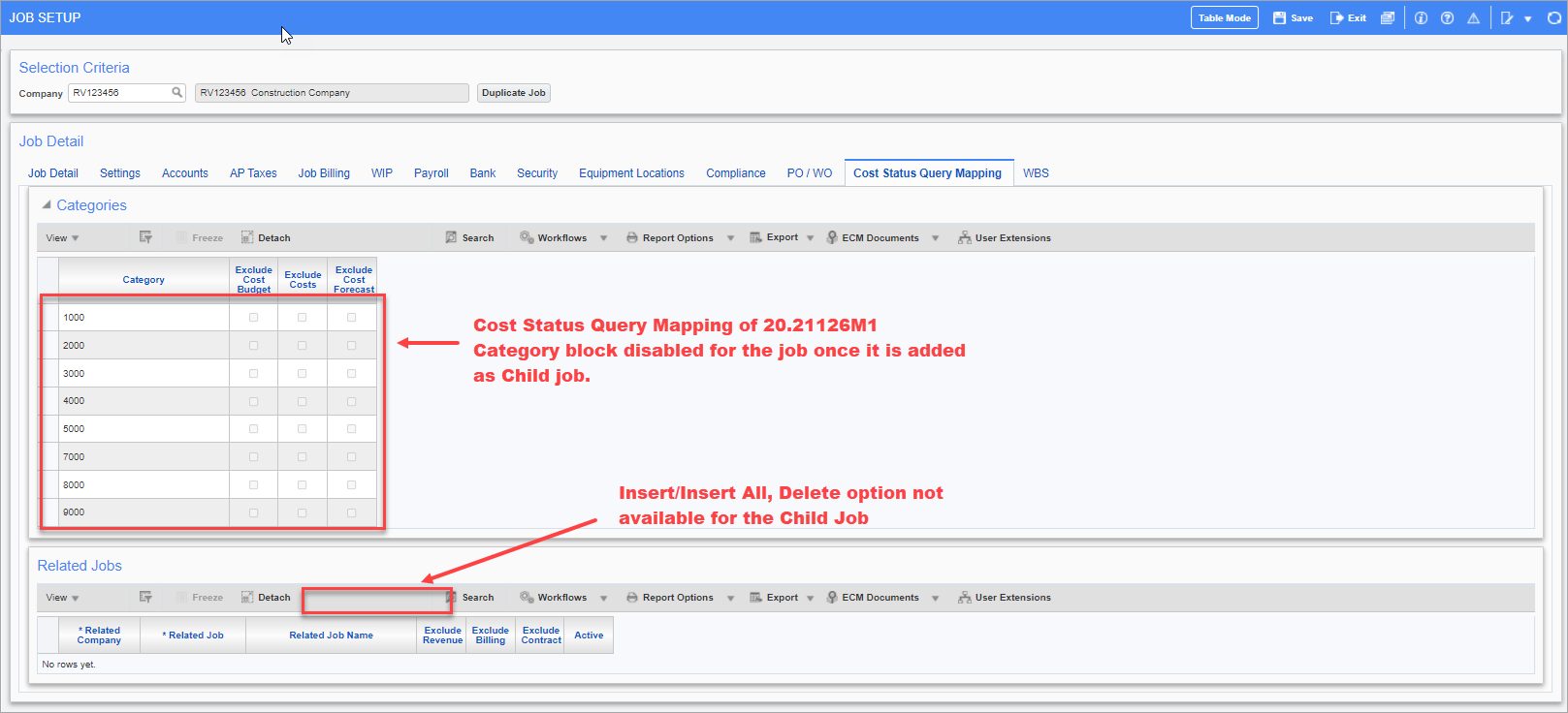 Example of the Categories section for the child job disabled