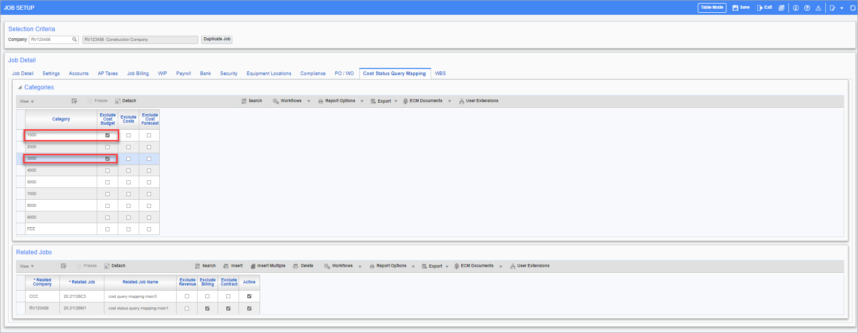 Example of the 'Exclude Cost Budget' checkbox checked for two categories on the parent job 1000,3000