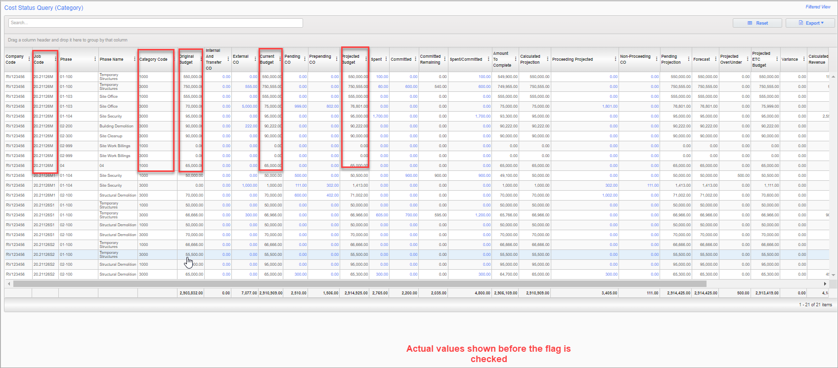 Example of the Cost Status Query (Category) screen in CMiC Field