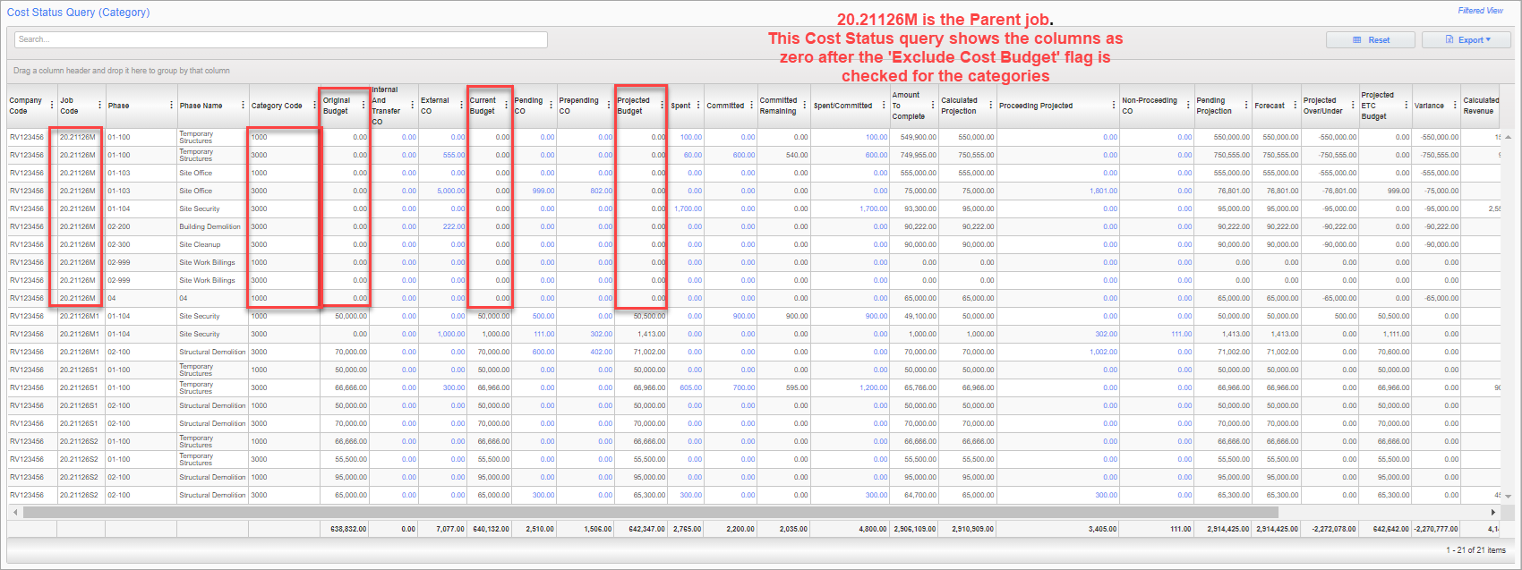An example of the Cost Status Query (Category) screen