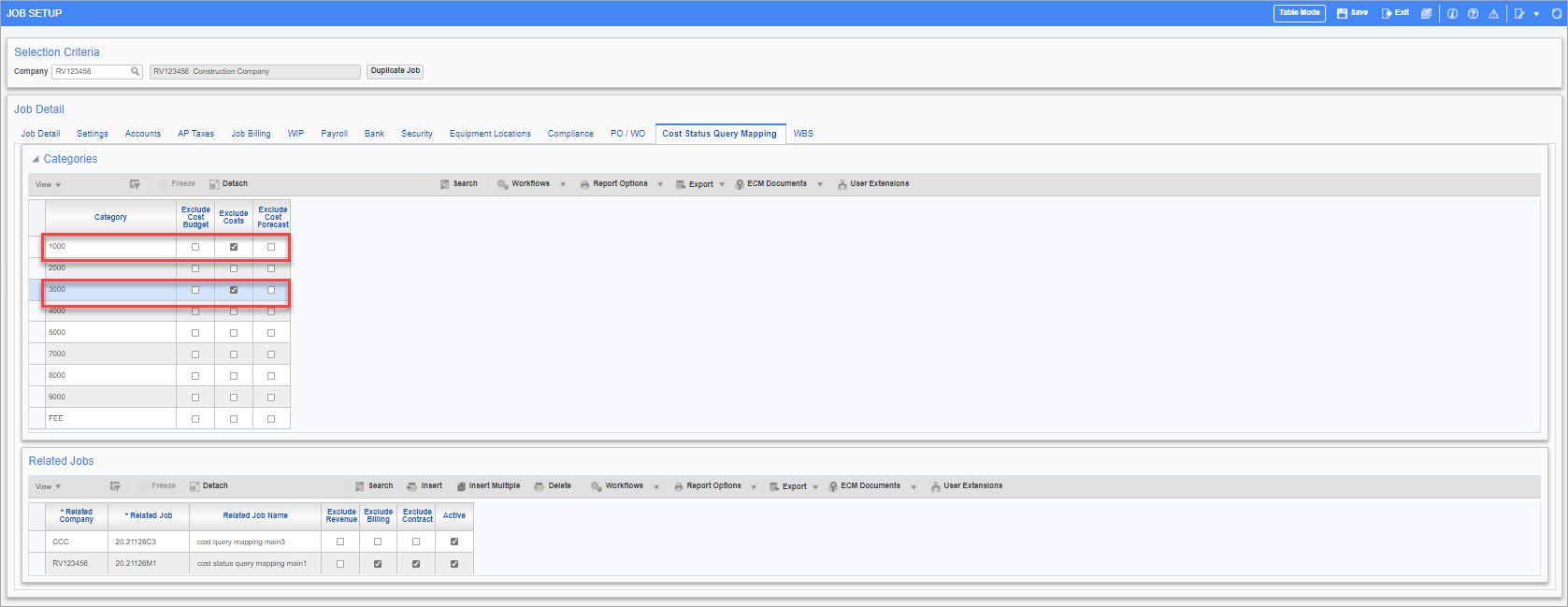 Example of the 'Exclude Costs' checkbox checked for two categories on the parent job 1000,3000