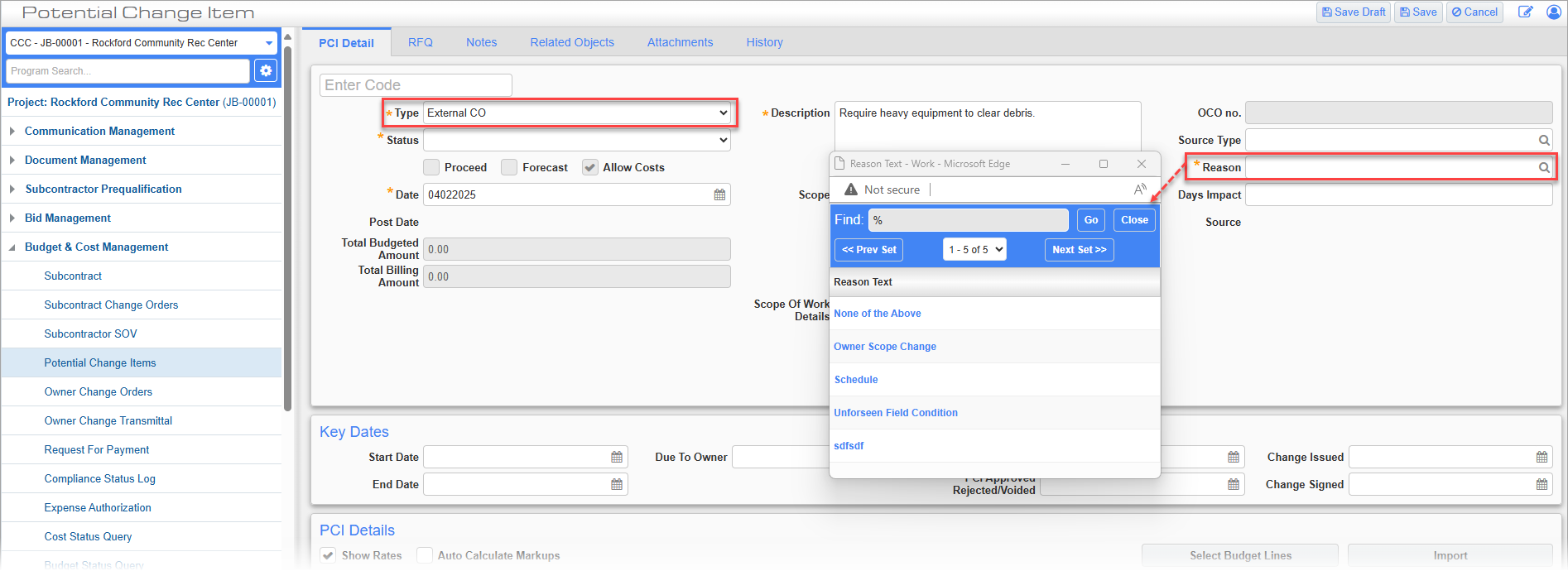 Screenshot of Potential Change Items with Type and Reason fields highlighted.