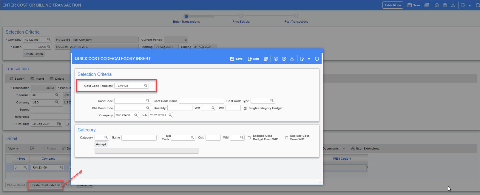 Example of the Quick Cost Code/Category Insert pop-up window