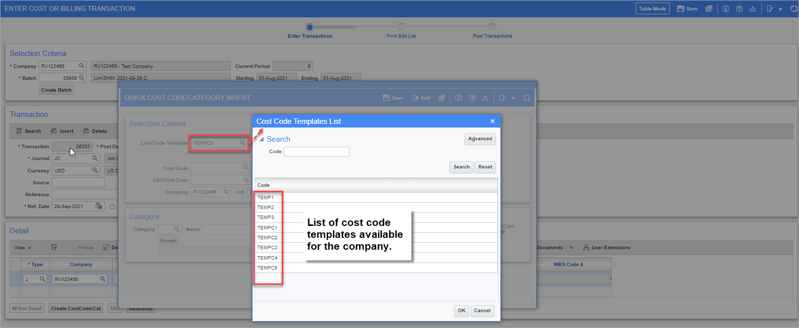 Example of the Cost Code Templates LOV