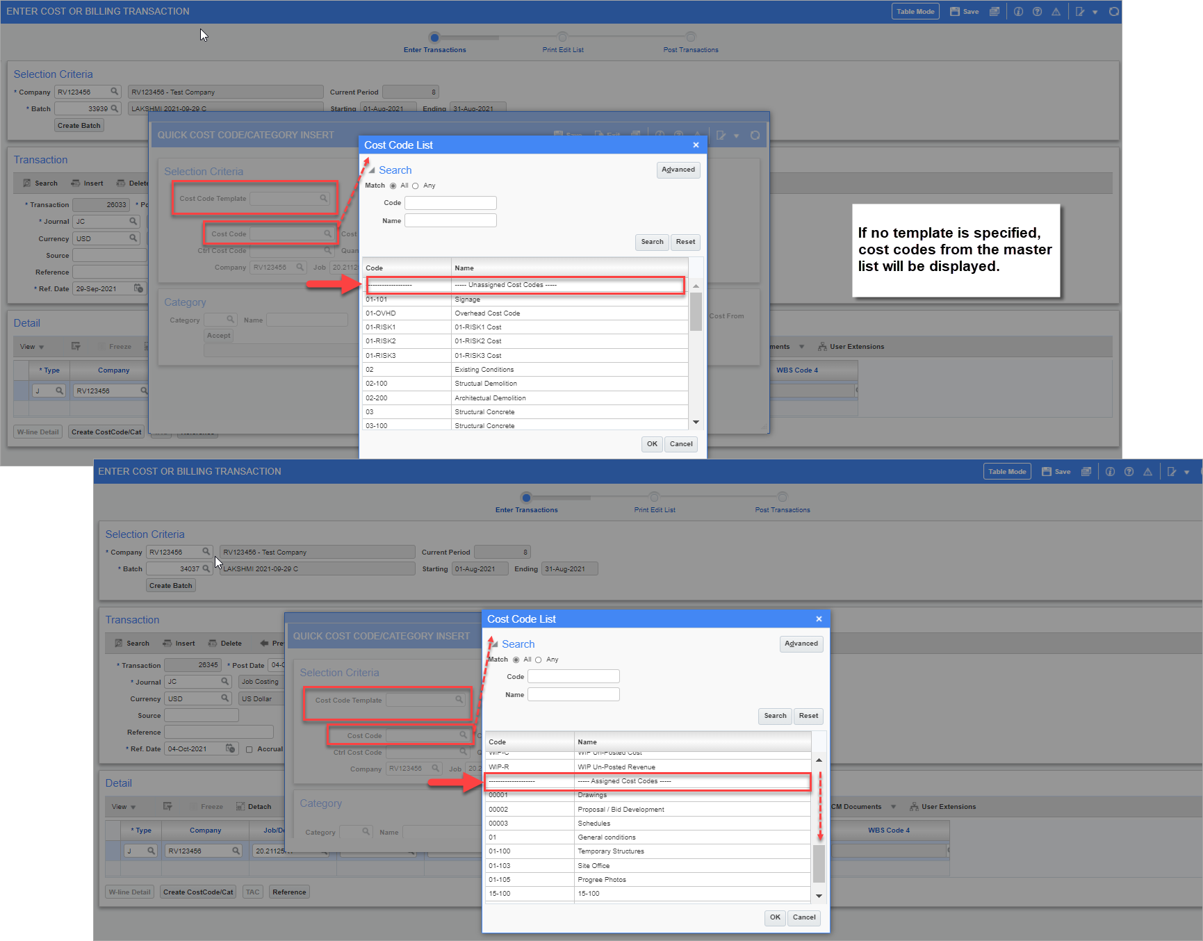 Example of the Cost Code LOV if no template is specified