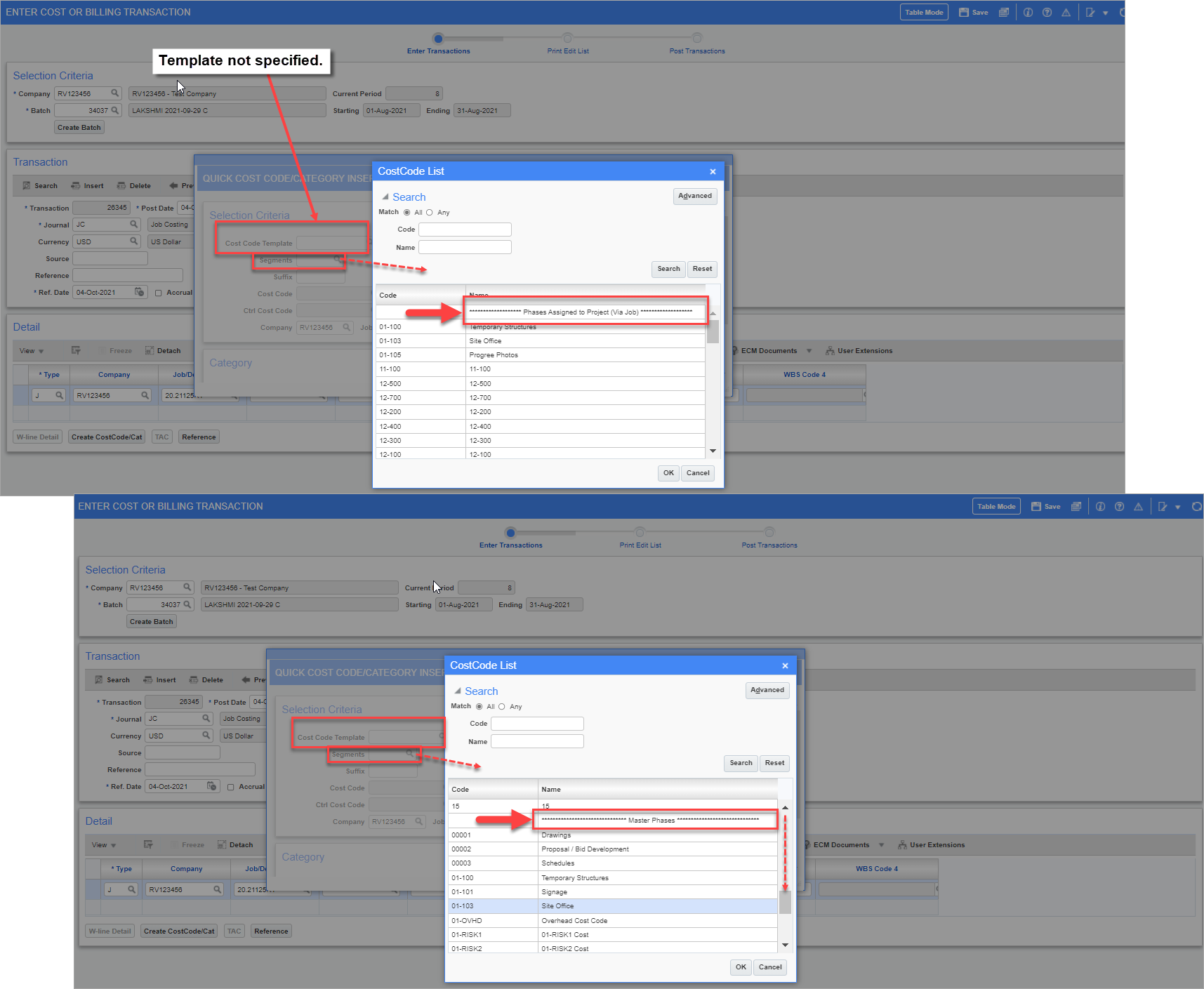 Example of Phase Assigned to the Project in Cost Code LOV if a template is not specified