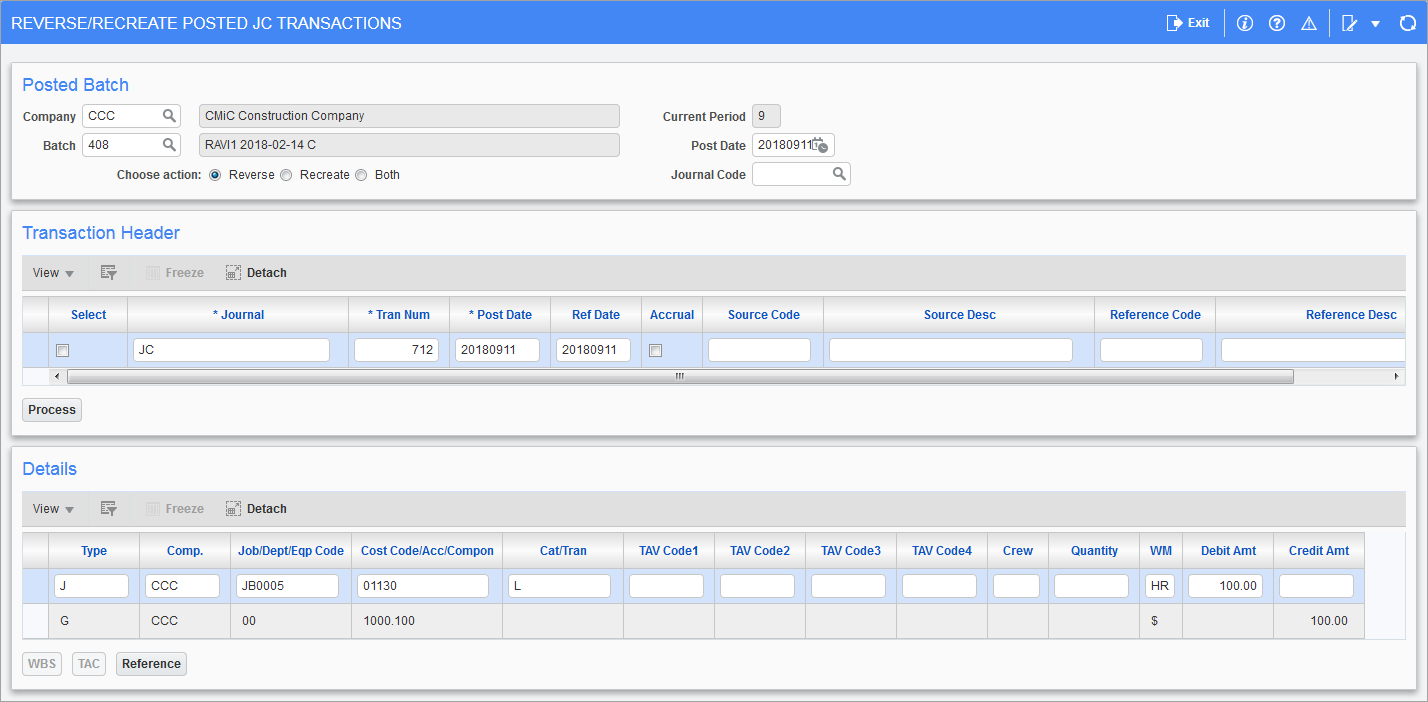 Sample of the Reverse/Recreate Posted JC Transaction screen