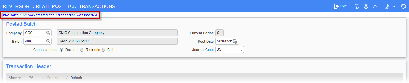 Batch created message on the Reverse/Recreate Posted JC Transaction screen