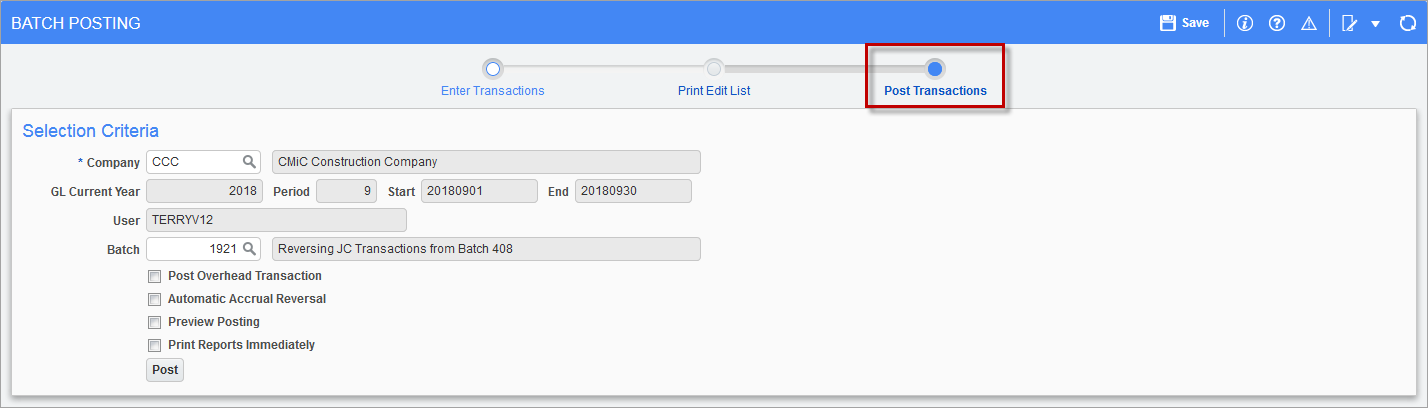 Sample of the Batch Posting screen