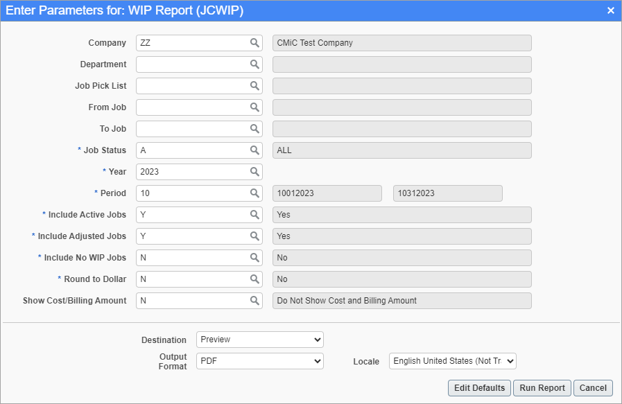 Screenshot of WIP Report