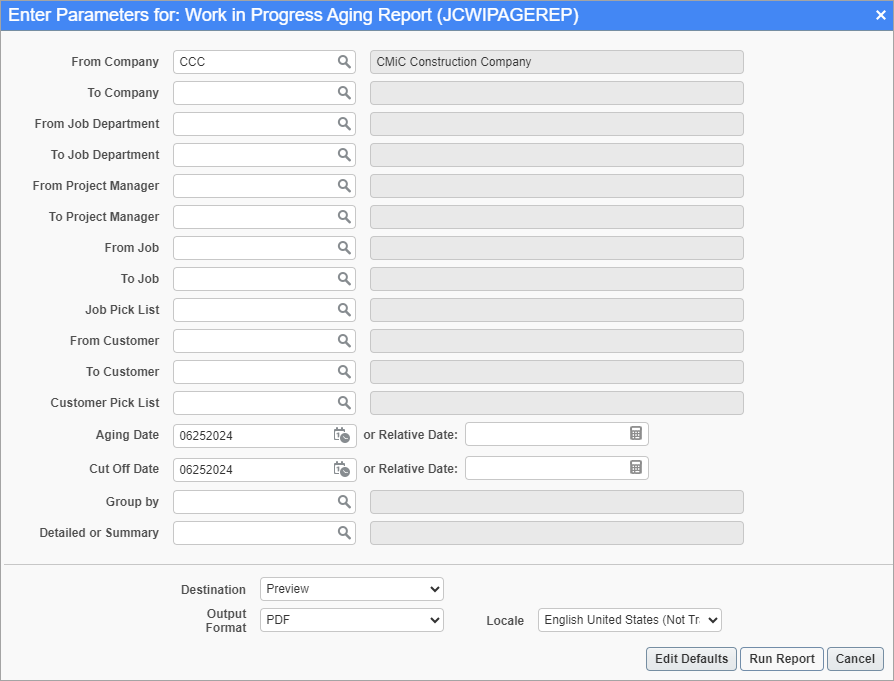 Screenshot of Work-In-Progress Aging Report
