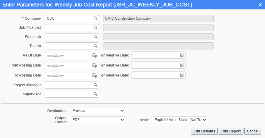 Screenshot of Weekly Job Cost Report