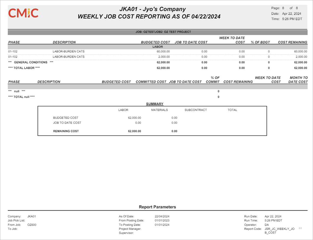 Sample of Weekly Job Cost Report