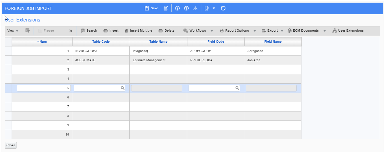 Sample of the User Extensions pop-up window