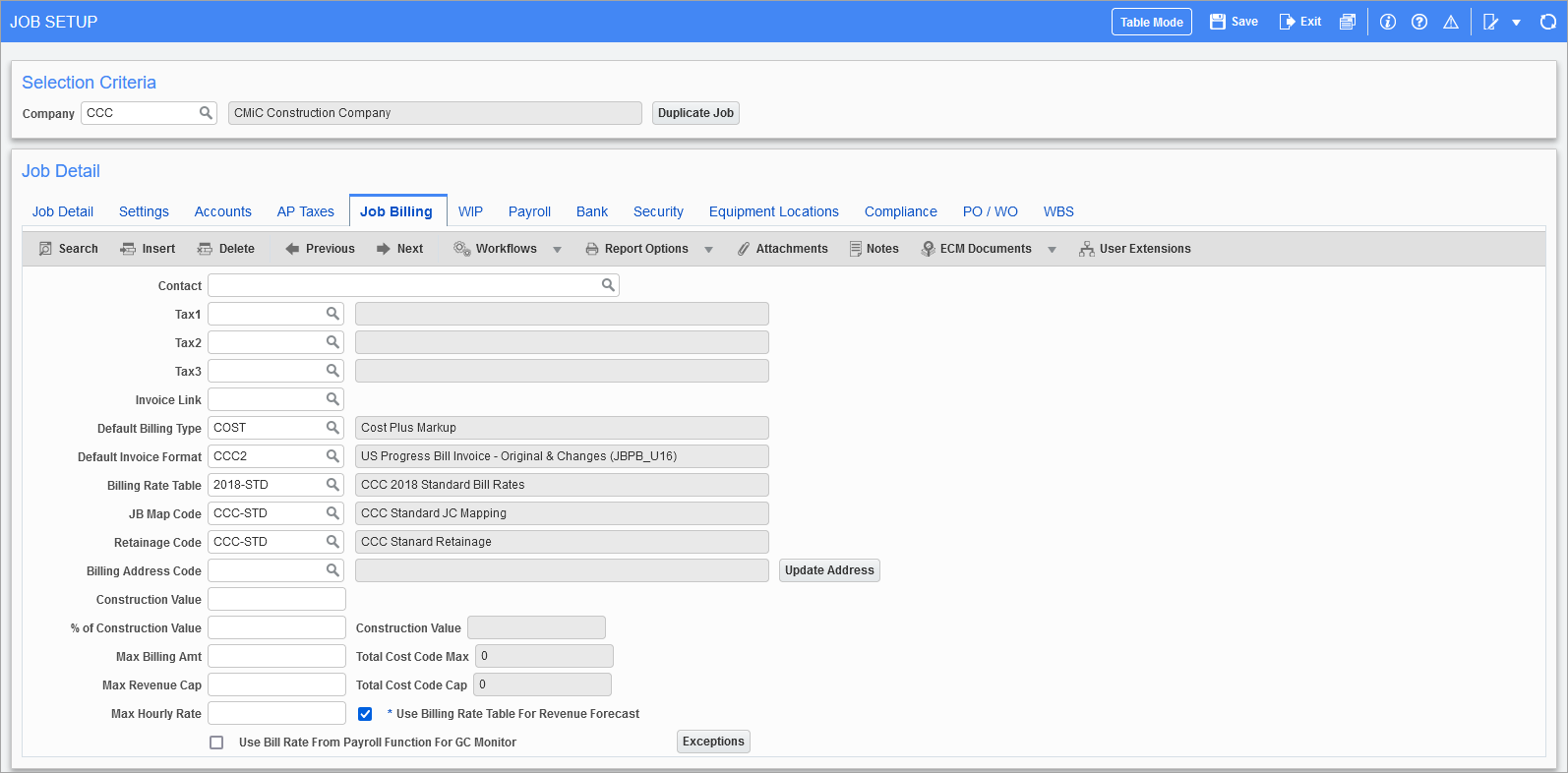 Sample of the Job Billing tab on the JC Control File