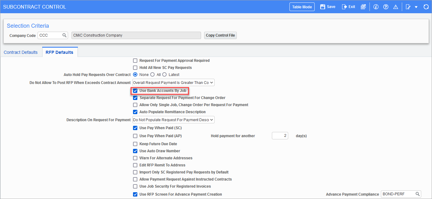 The Use Bank Accounts by Job checkbox on the Subcontract Control screen