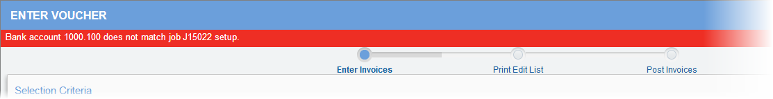 Error message if a job does not have its default cash account set up