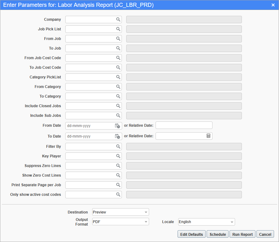 Screenshot of the Labor Analysis Report parameters screen