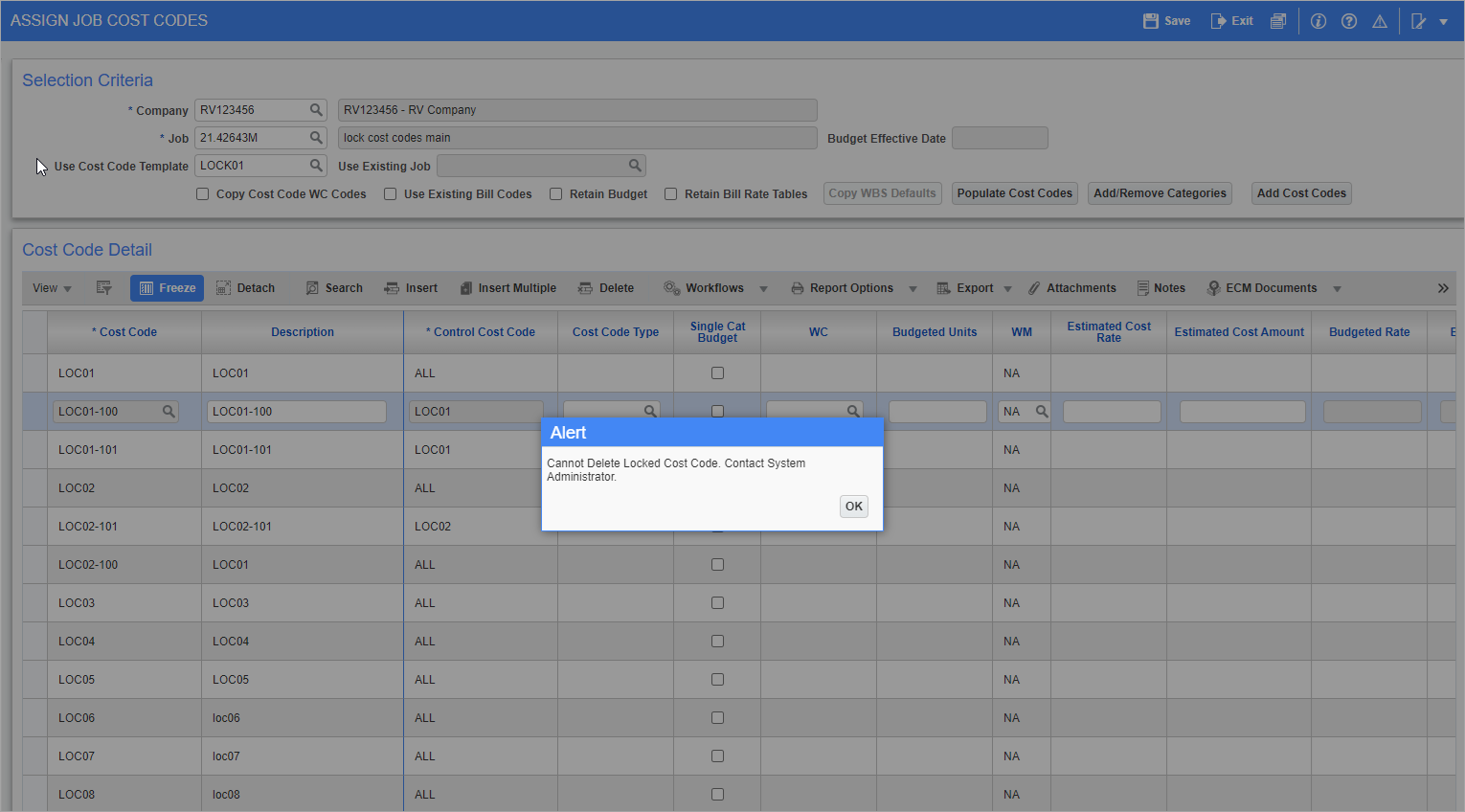 Sample of the Alert pop-up window that is displayed when a user tries to delete the locked cost codes from the job