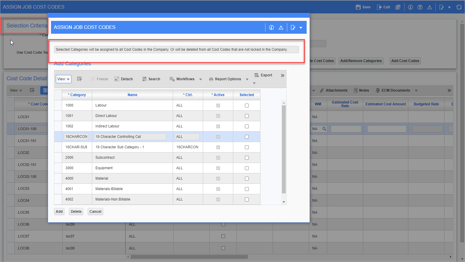Sample of the message that's displayed on the Add Categories pop-up window