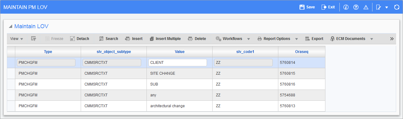 Sample of the Maintain Source LOV screen