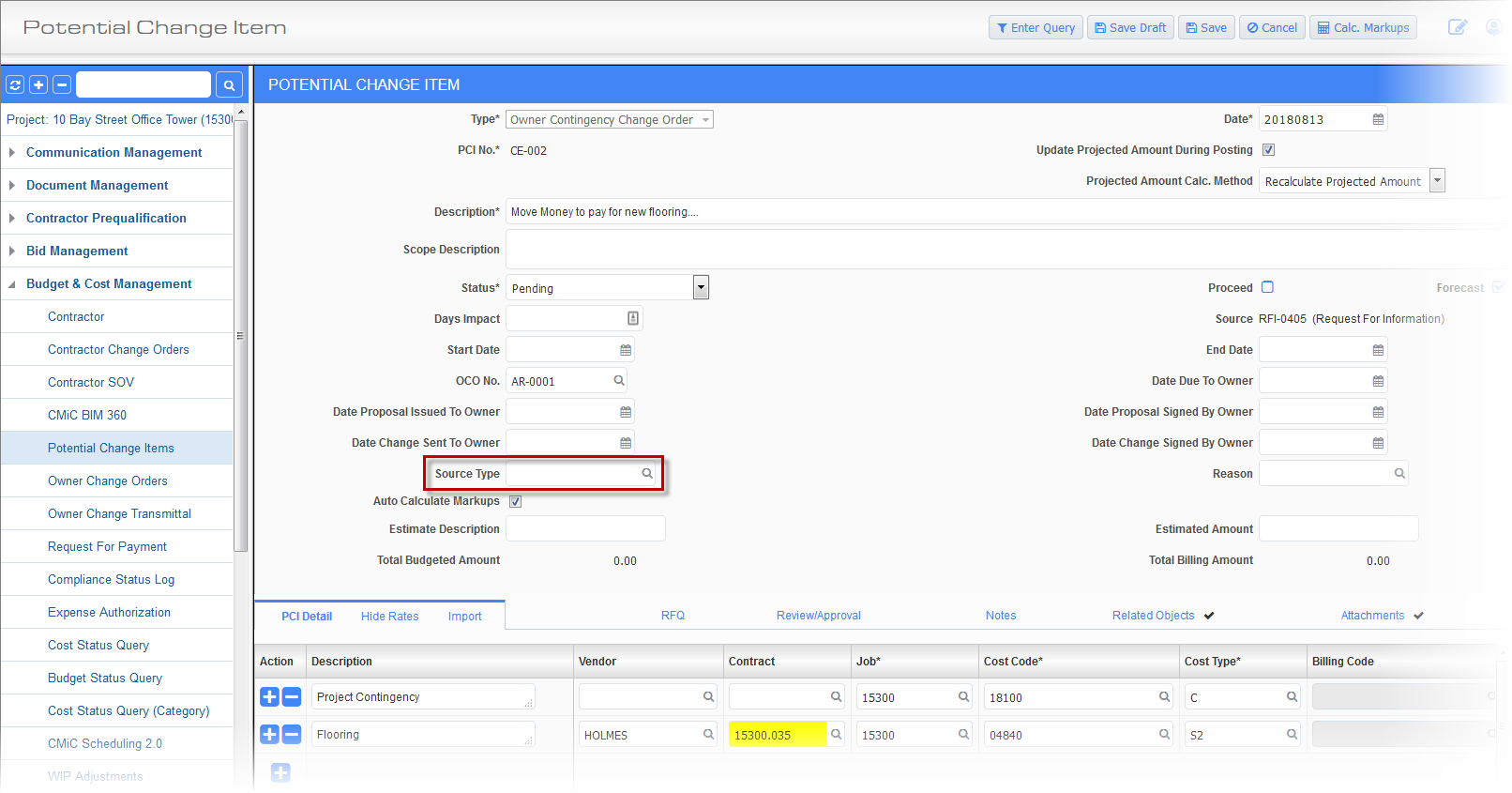 The Source Type field in the Potential Change Item screen in CMiC Field