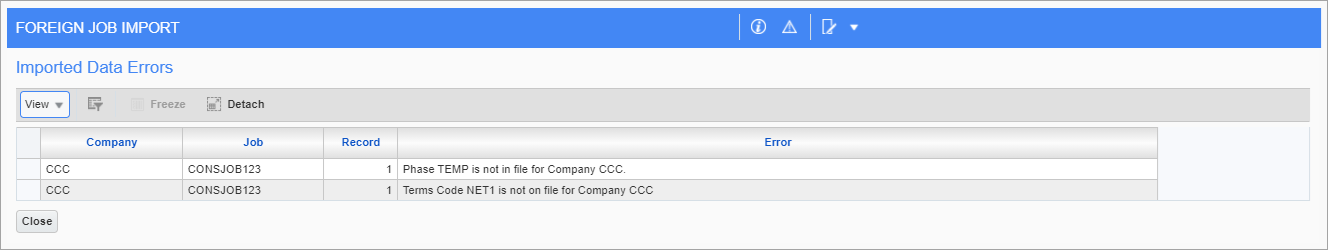 Imported Data Errors pop-up window displaying errors in the imported data