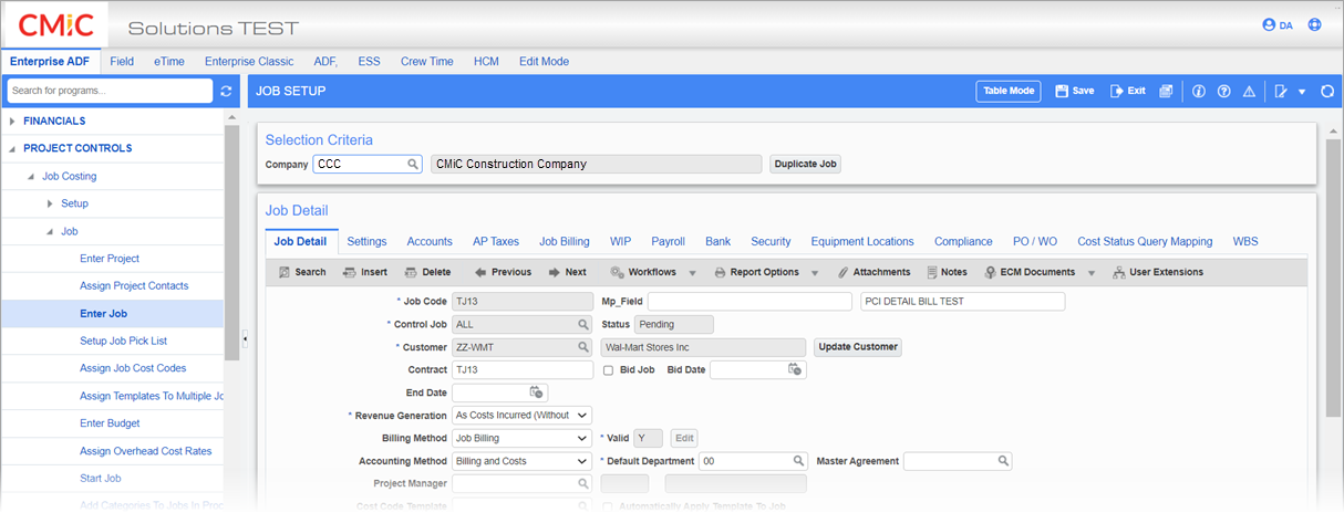 Sample of the Job Setup screen