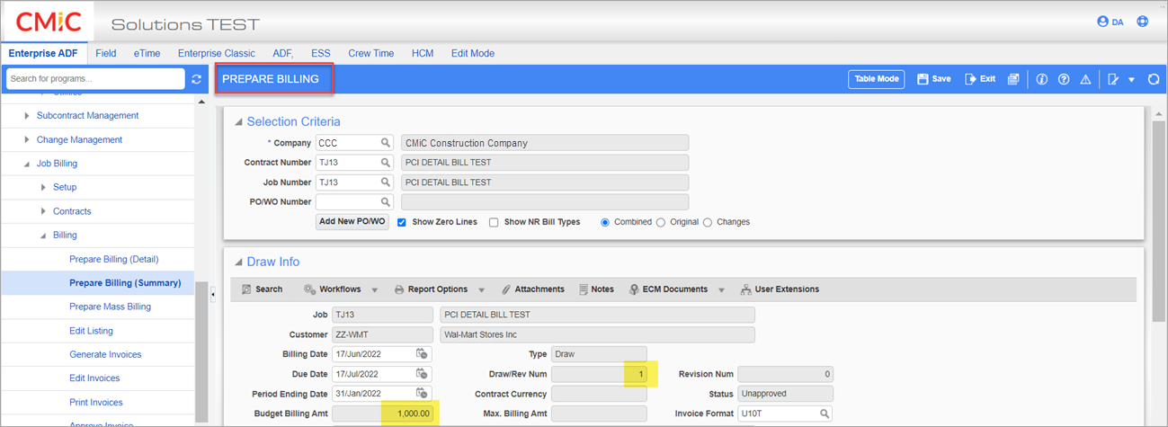 Sample of Prepare Billing screen