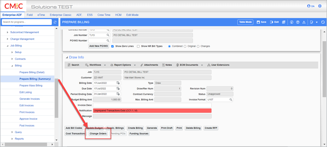 Sample of the Change Orders button on the Prepare Billing screen