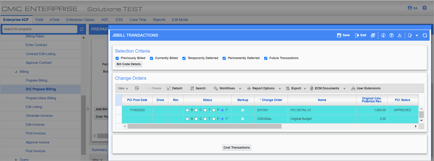 Sample of the Change Orders pop-up window