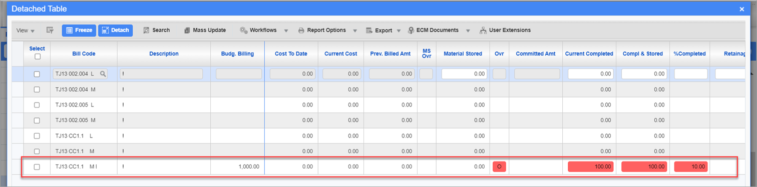 Sample of the billing codes table