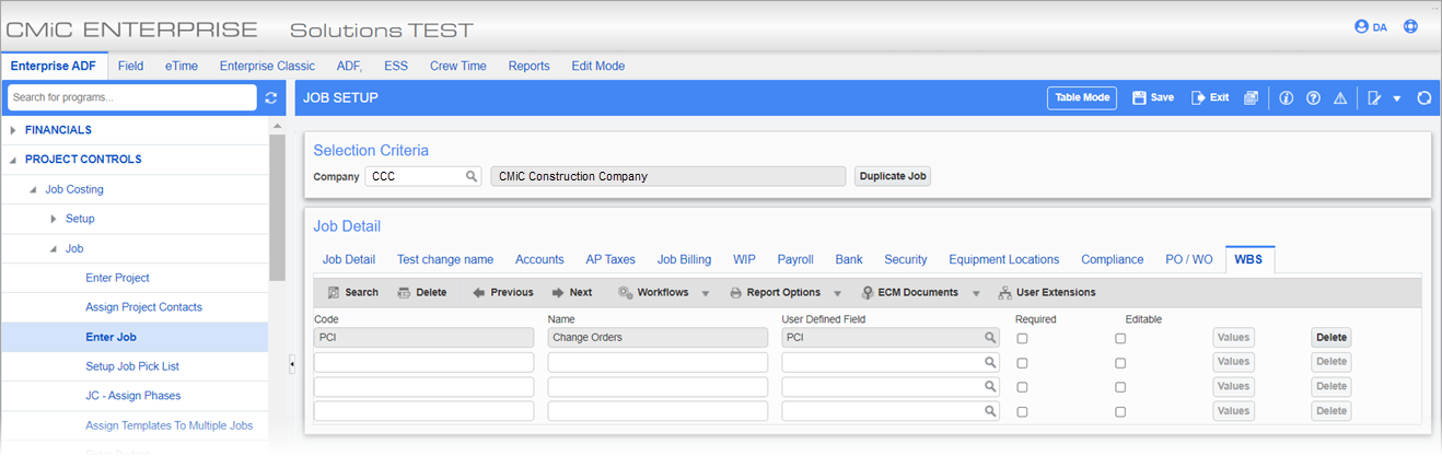 WBS tab of the Job Setup screen