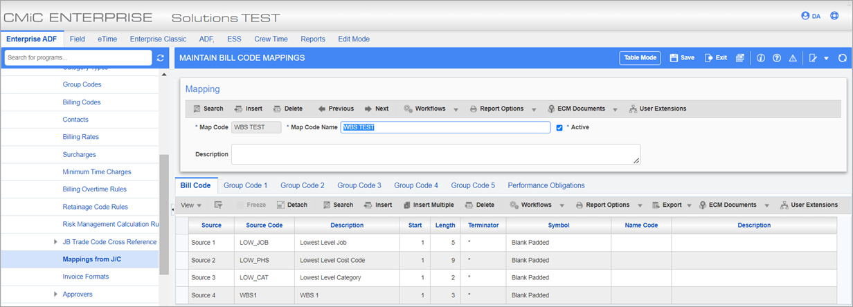 Sample of the Maintain Bill Code Mappings screen