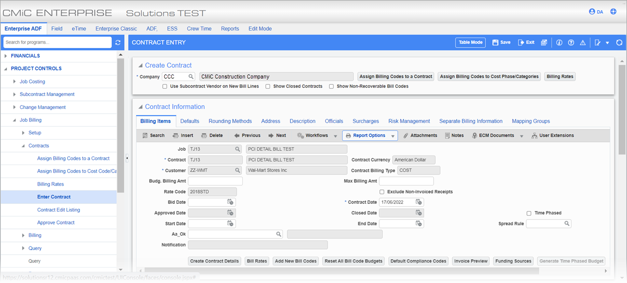 Sample of the Contract Entry screen of Job Billing