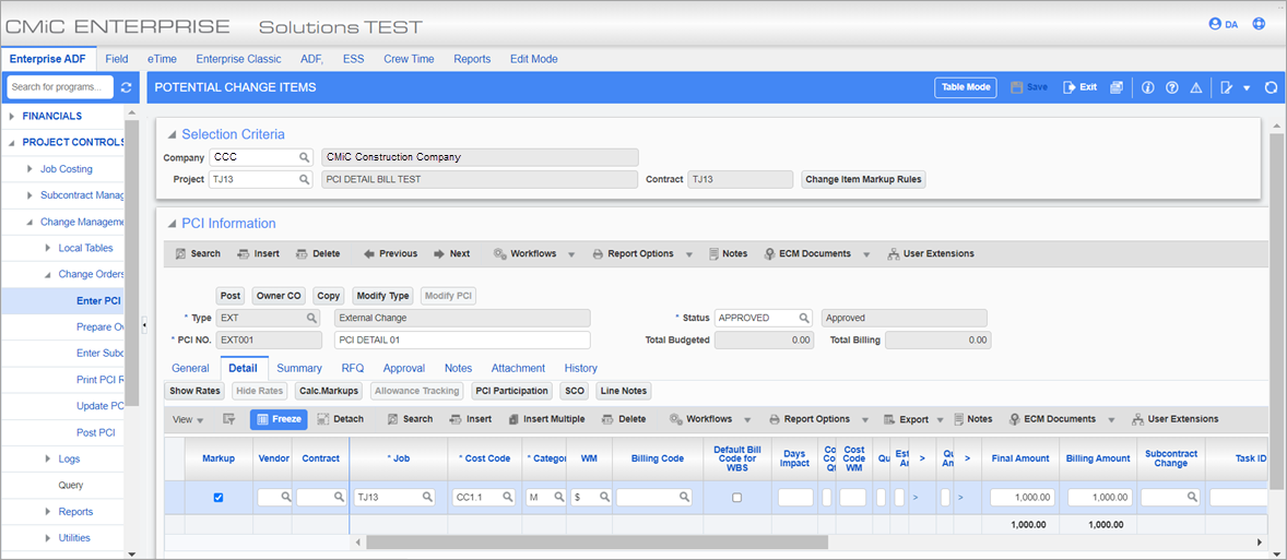 Example of the Potential Change Items screen of Change Management