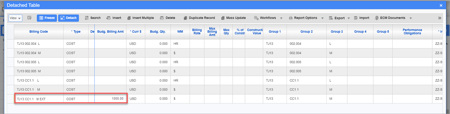 Sample of the bill codes on the Contract Entry screen