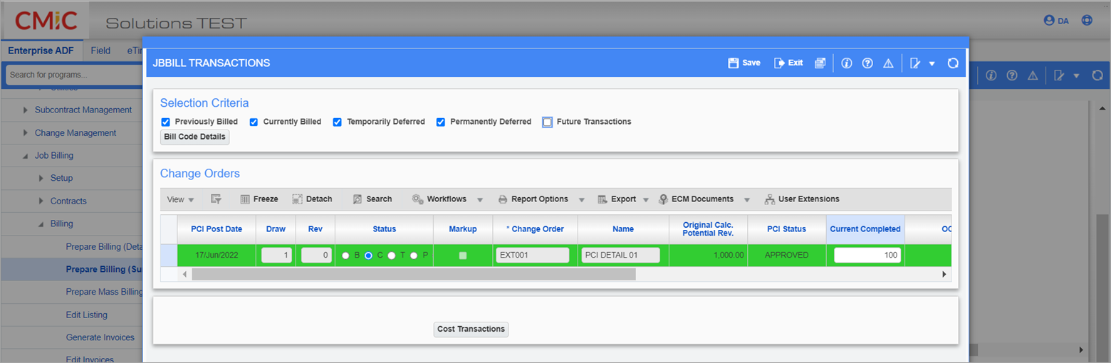 Sample of Change Order pop-up window