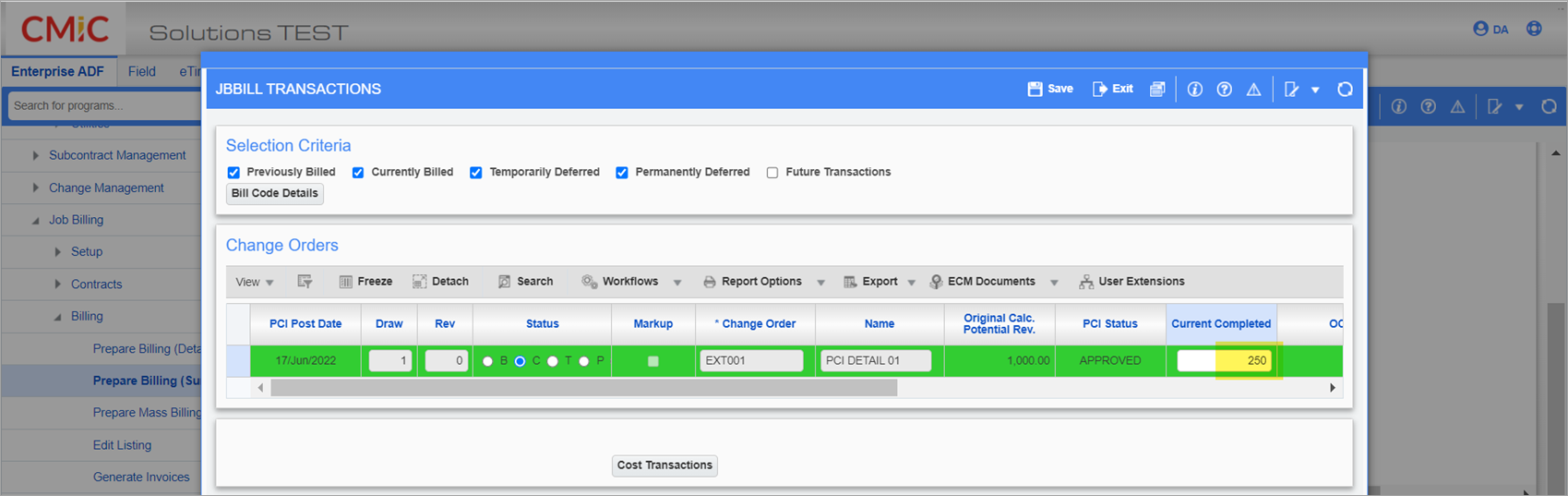 Overriding the Current Completed column on the Change Order pop-up window