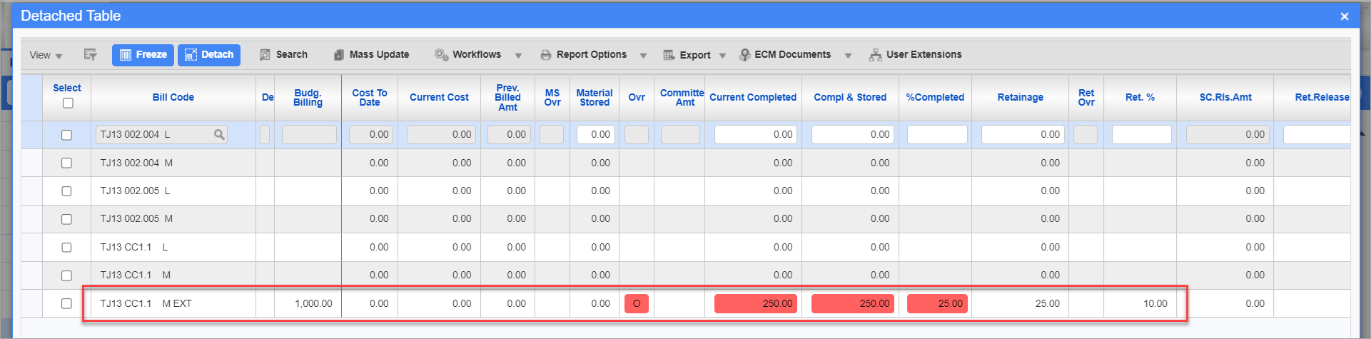 Sample of the bill codes table