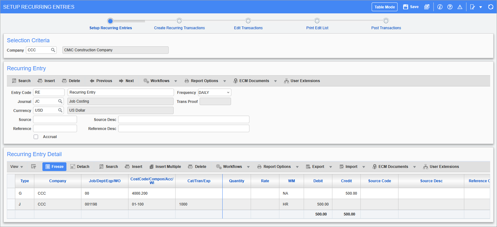 Sample of the Setup Recurring Entries screen
