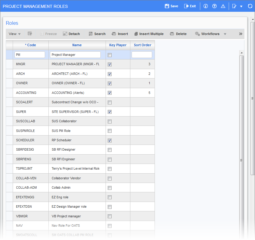 Sample of the Project Management Roles screen