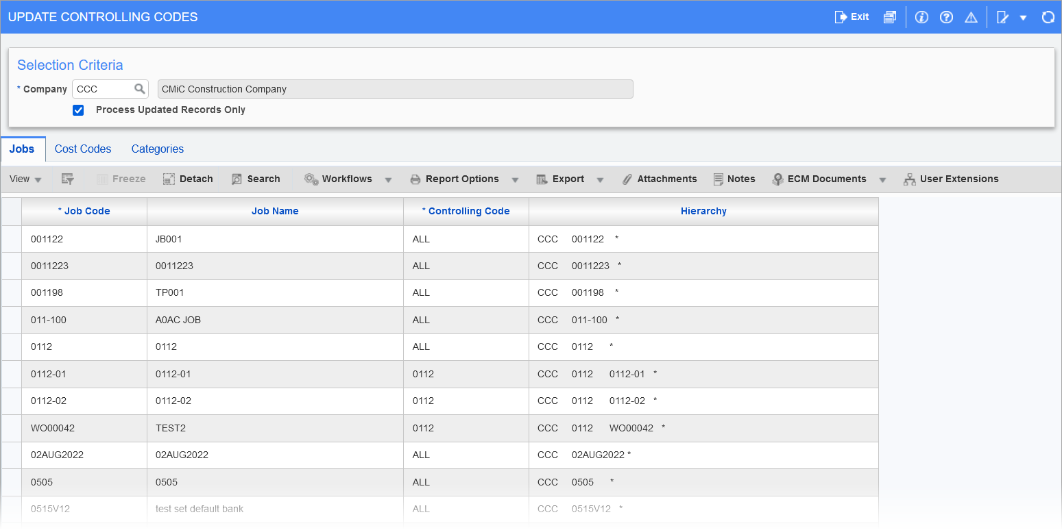 Update Controlling Codes utility screen