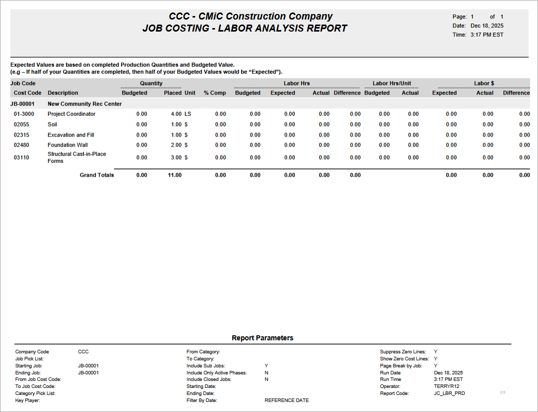 Sample of a labor analysis report